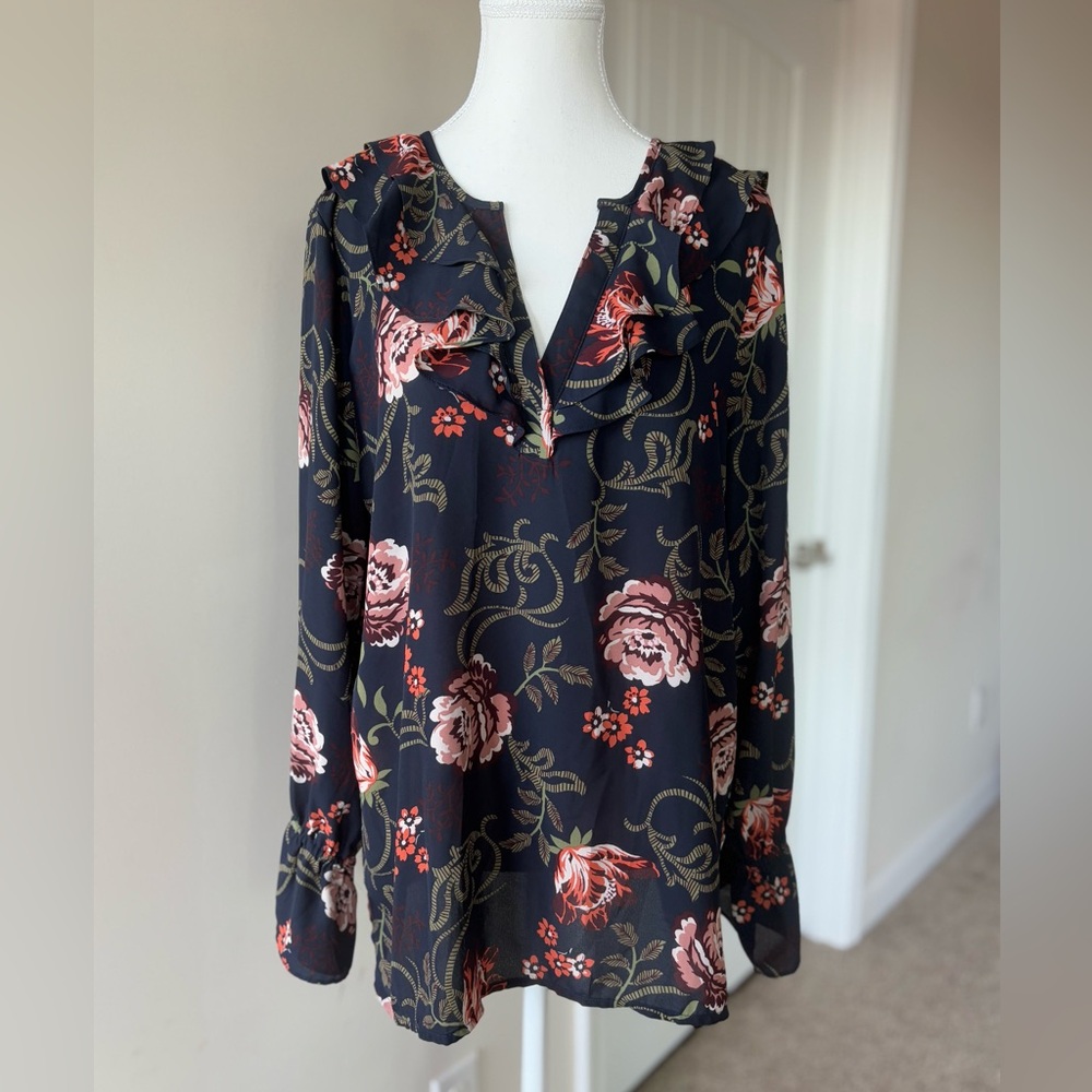 LOFT Ruffle Neck Poet Blouse. Size L. Navy Floral Print. Feminine. Beautiful!